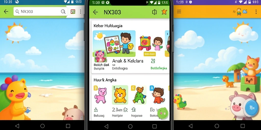 Tampilan antarmuka NX303 yang ramah anak untuk belajar huruf dan angka.